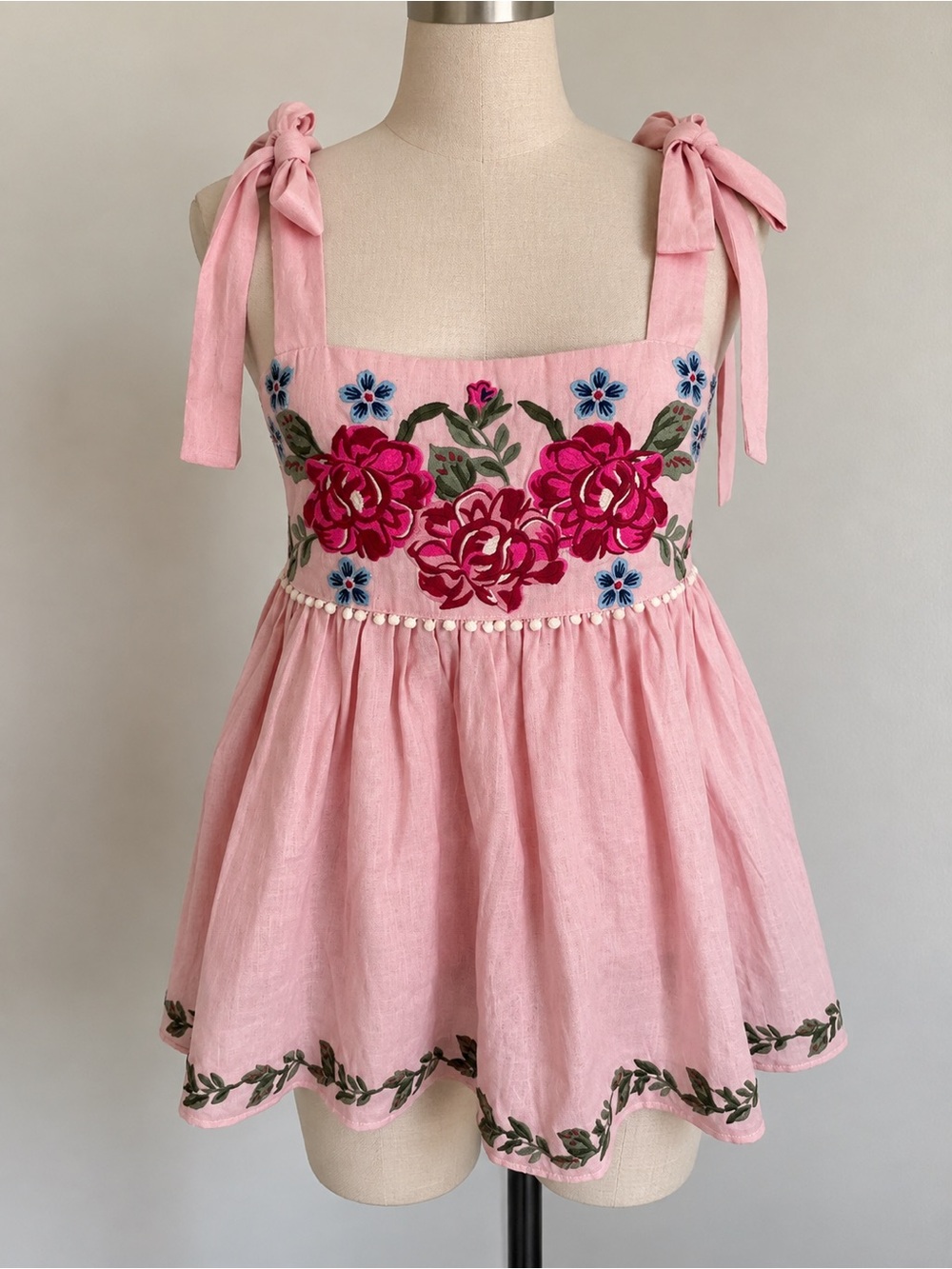 THML Pink Embroidered Tie-Shoulder Tunic Top